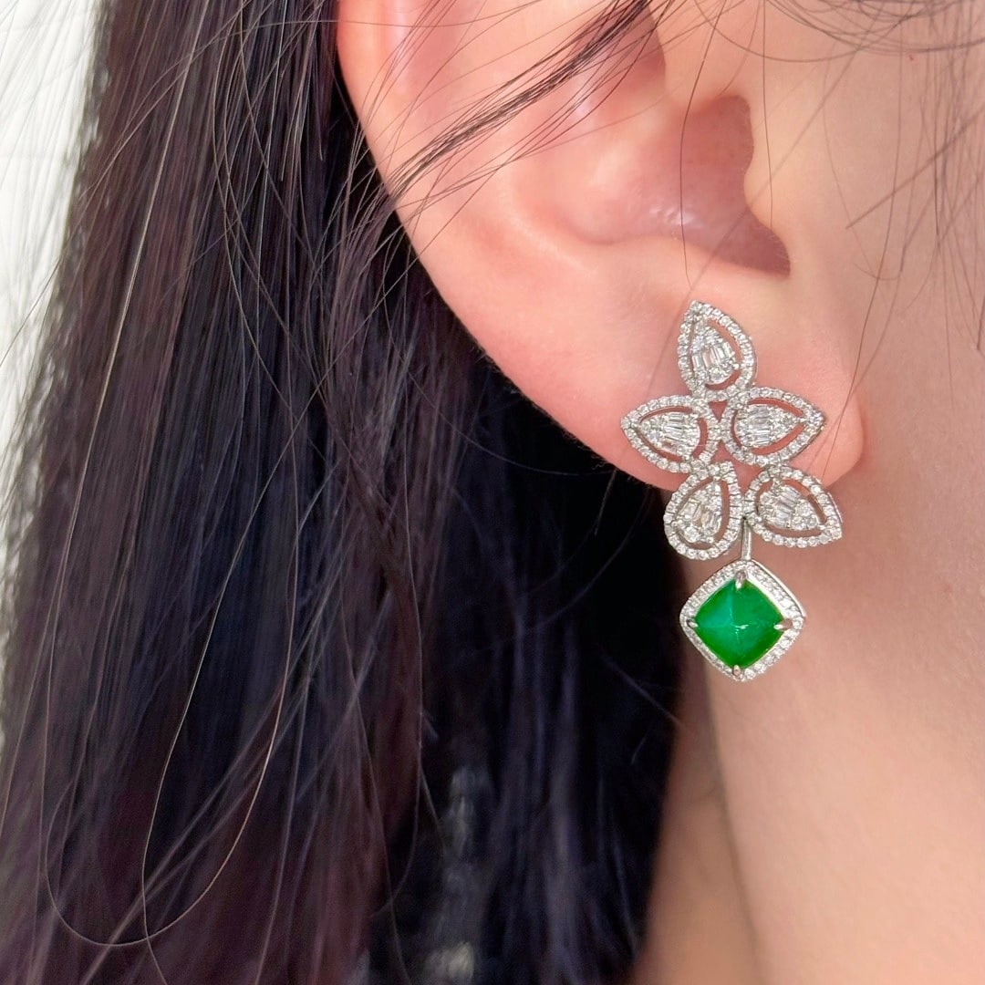 14k Gold 2.78 Ctw Vivid Green Natural Emerald & Diamond Earrings - 7