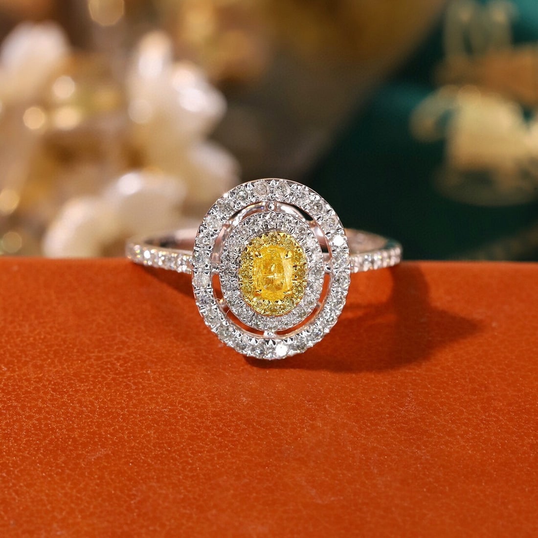 14k Gold 0.55 Ctw Natural Yellow Diamond & Diamond Ring: Ref:231098308 // gold content:14k gold // ring size:7. 25us // // main gemstone:yellow diamond // shape:oval // carat weight:0. 14ct // color:yellow // treatment:natural // // adjacent gemstone 2 :