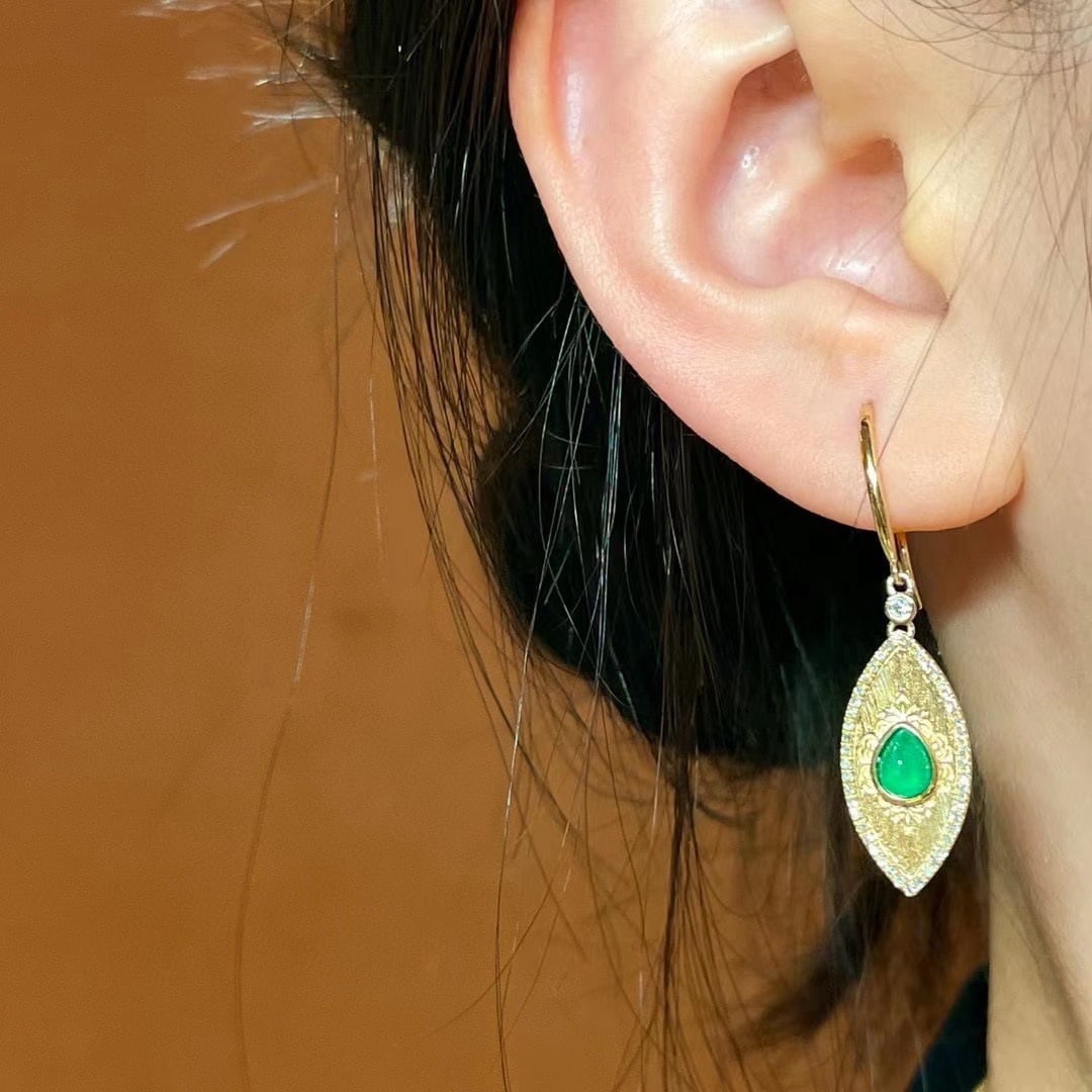 14k Gold 1.30 Ctw Vivid Green Natural Emerald & Diamond Earrings - 6