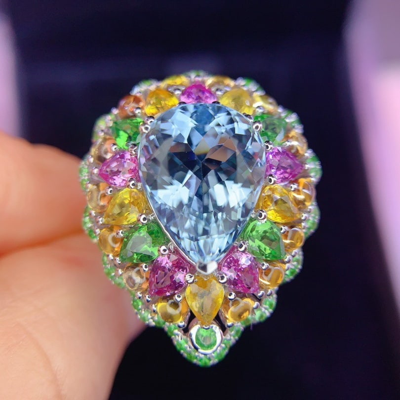 14k Gold 10.49 Ctw Natural Aquamarine & Sapphire & Tsavorite Ring - 5