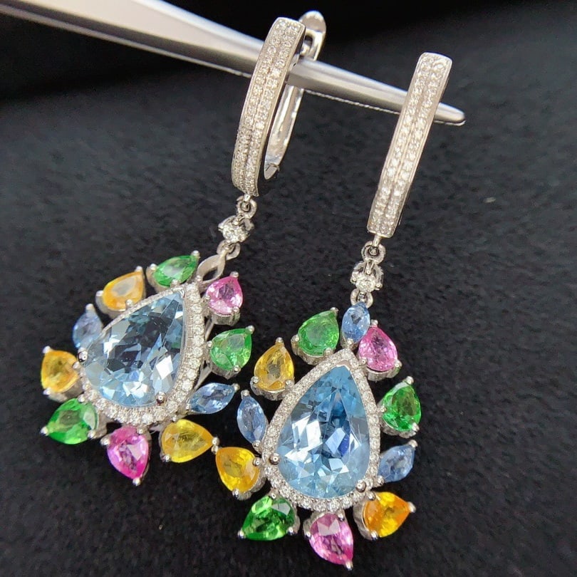 14k Gold 5.3 Ct Natural Aquamarine & Diamond Earrings - 2