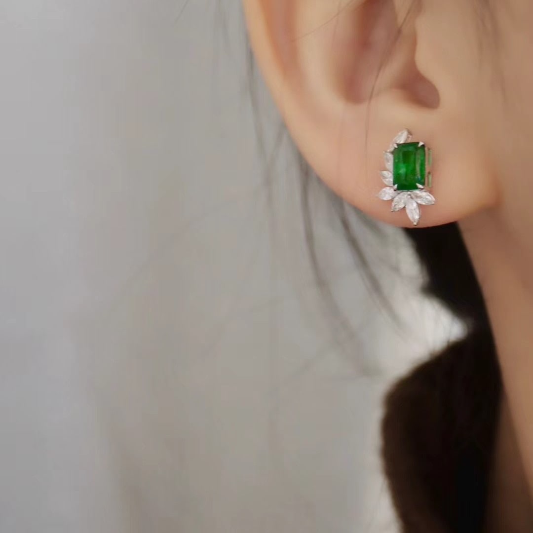 14k Gold 3.06 Ctw Vivid Green Natural Emerald & Diamond Earrings - 5