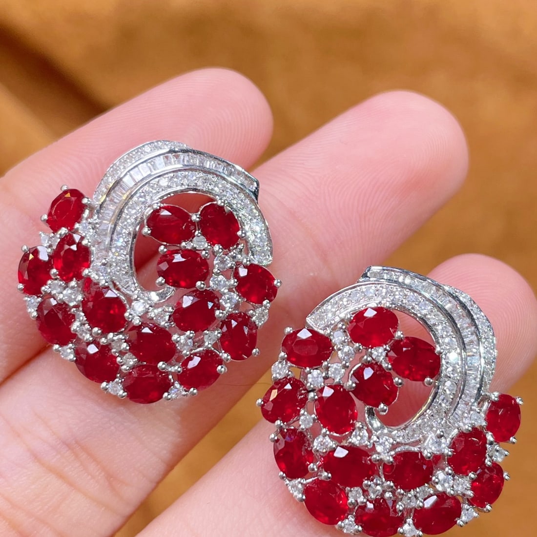 14k Gold 6.5 Ct Vivid Red Natural Ruby & Diamond Earrings - 4