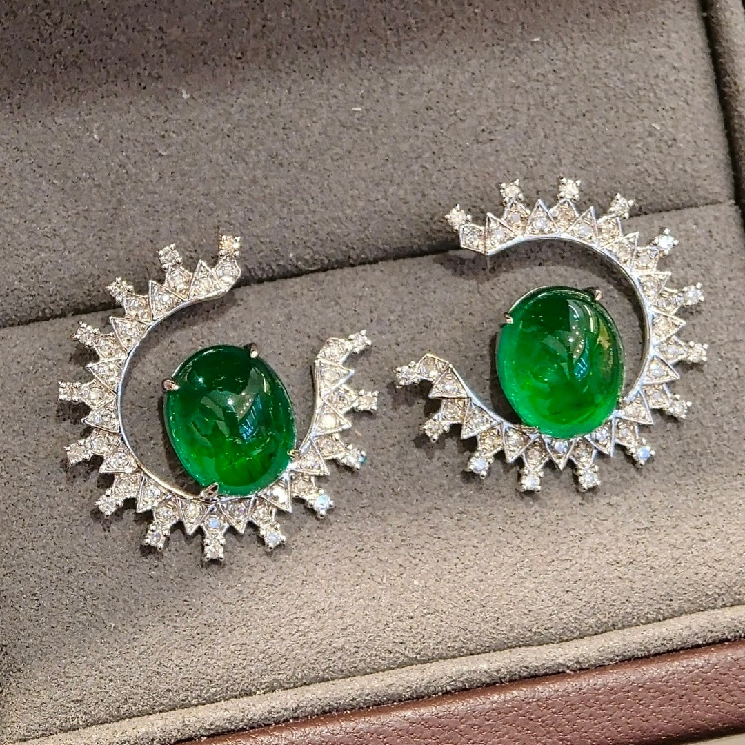 14k Gold 6.66 Ctw Vivid Green Natural Emerald & Diamond Earrings