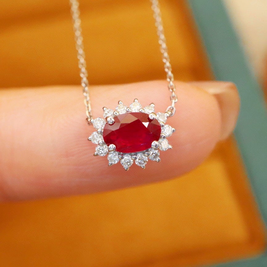 14k Gold 0.79 Ctw Natural Ruby & Diamond Necklace