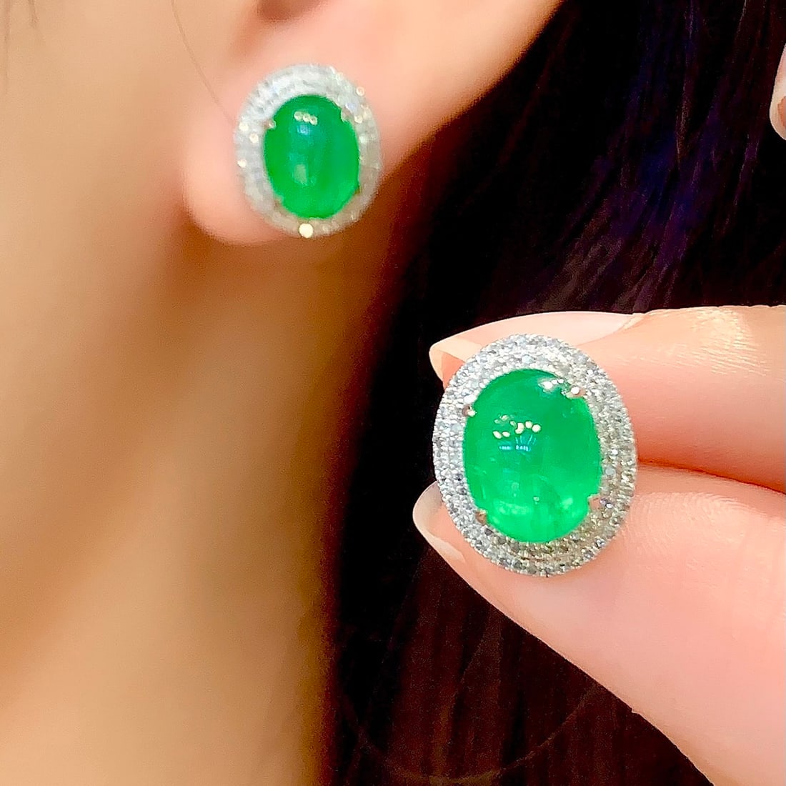 14k Gold 5.3 Ct Natural Emerald & Diamond Earrings - 5