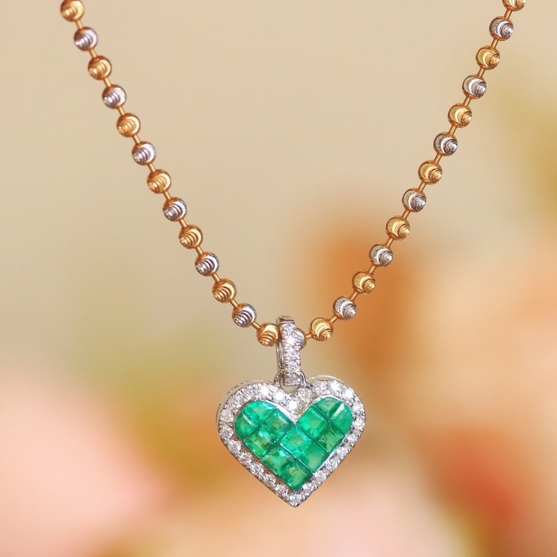14k Gold 0.97 Ctw Natural Emerald & Diamond Pendant( Without Chain ) - 2