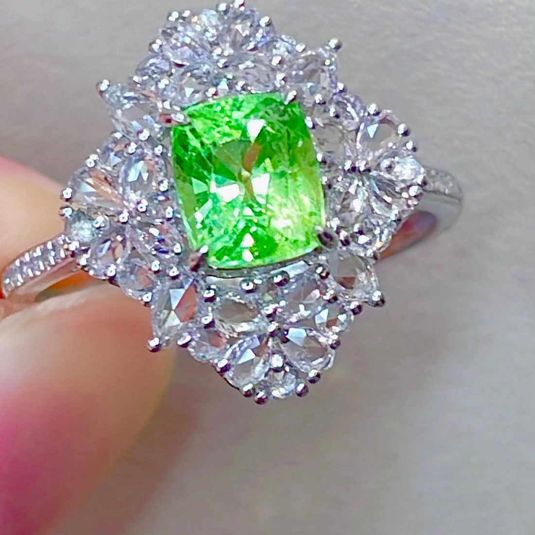 14k Gold 1.42 Ct Natural Tsavorite & Diamond & Sapphire Ring: Ref:231098395 // gold content:14k gold // ring size:7. 25us // // main gemstone:tsavorite // shape:cushion // carat weight:1. 42ct // color:green // treatment:natural // // adjacent gemstone 2 :