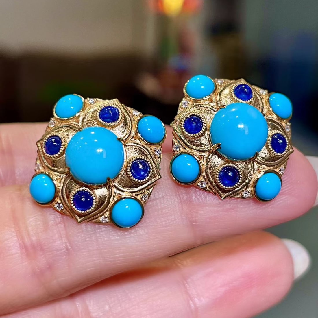 14k Gold 7.52 Ctw Natural Blue Turquoise & Sapphire Earrings