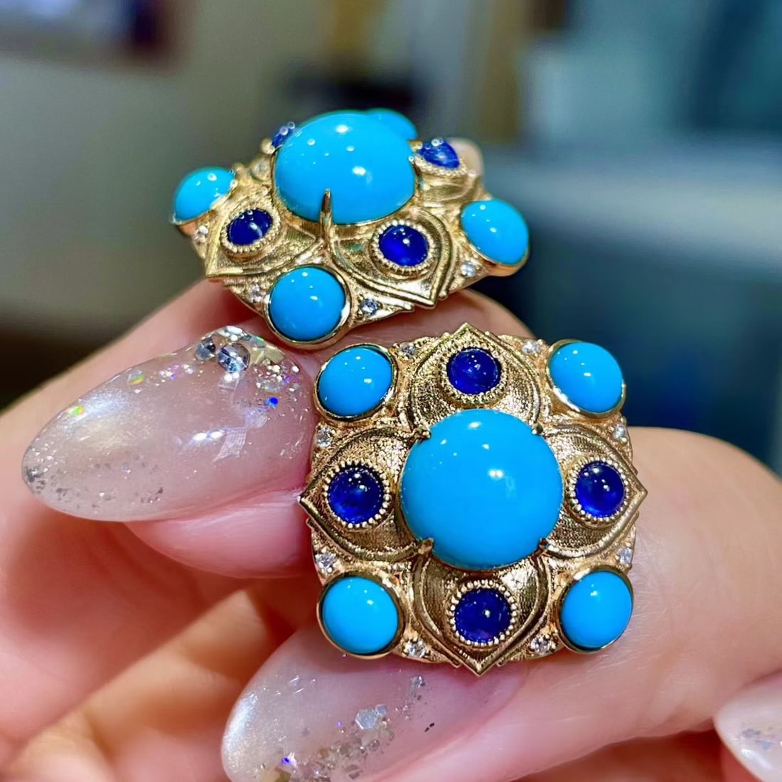 14k Gold 7.52 Ctw Natural Blue Turquoise & Sapphire Earrings - 2