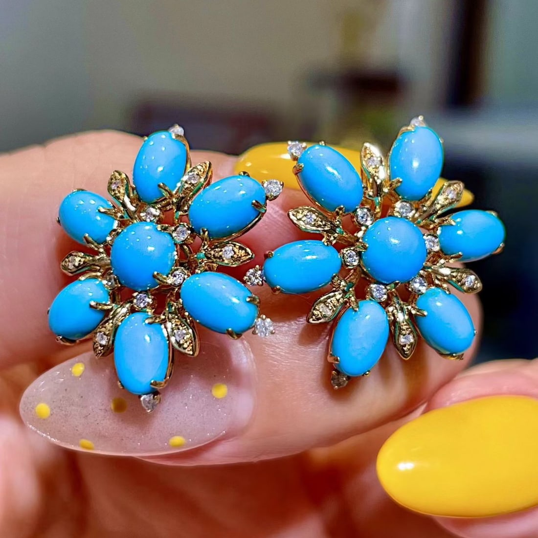 14k Gold 6.31 Ctw Natural Blue Turquoise & Diamond Earrings