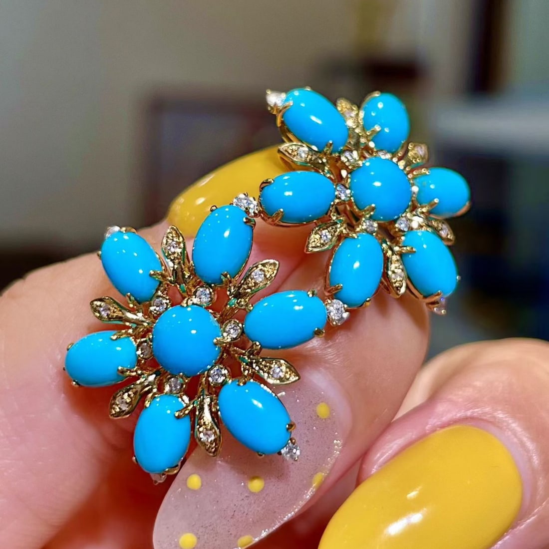 14k Gold 6.31 Ctw Natural Blue Turquoise & Diamond Earrings - 2