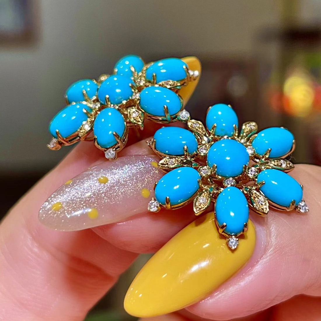 14k Gold 6.31 Ctw Natural Blue Turquoise & Diamond Earrings - 3