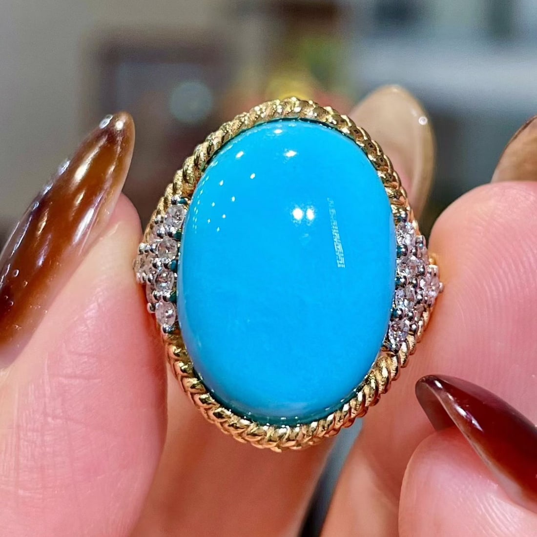 14k Gold 10.54 Ctw Natural Blue Turquoise & Diamond Ring