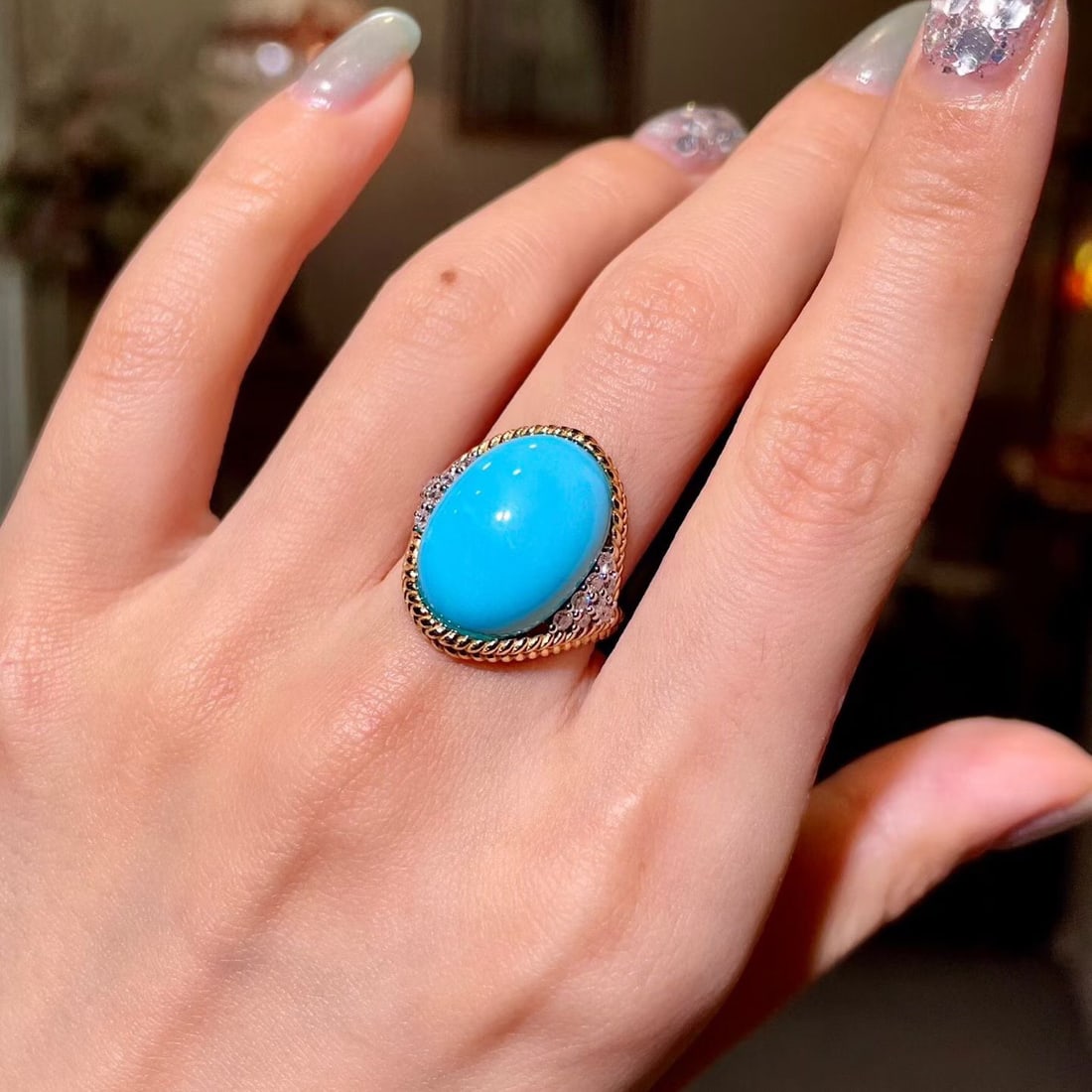 14k Gold 10.54 Ctw Natural Blue Turquoise & Diamond Ring - 4
