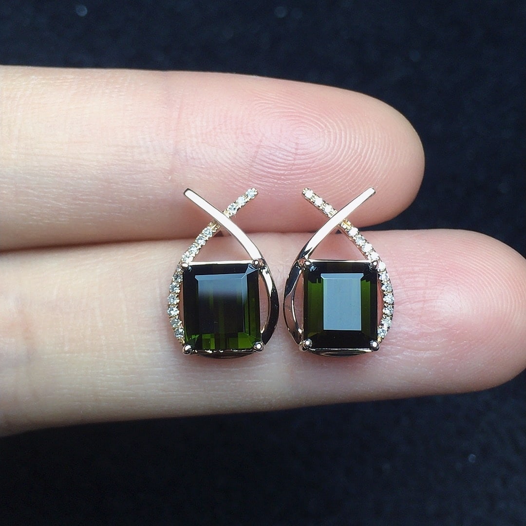 14k Gold 3.15 Ct Natural Tourmaline & Diamond Earrings