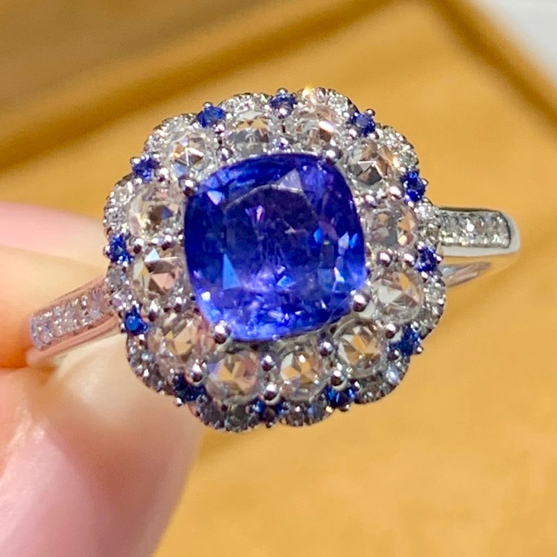 14k Gold 1.3 Ct Natural Sapphire & Diamond & Sapphire Ring: Ref:231098430 // gold content:14k gold // ring size:7. 25us // // main gemstone:sapphire // shape:cushion // carat weight:1. 3ct // color:blue // treatment:natural // // adjacent gemstone 2 : diamond