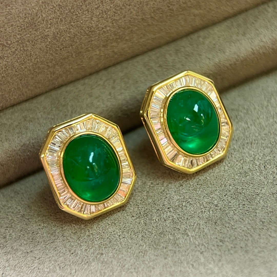14k Gold 4.69 Ctw Vivid Green Natural Emerald & Diamond Earrings