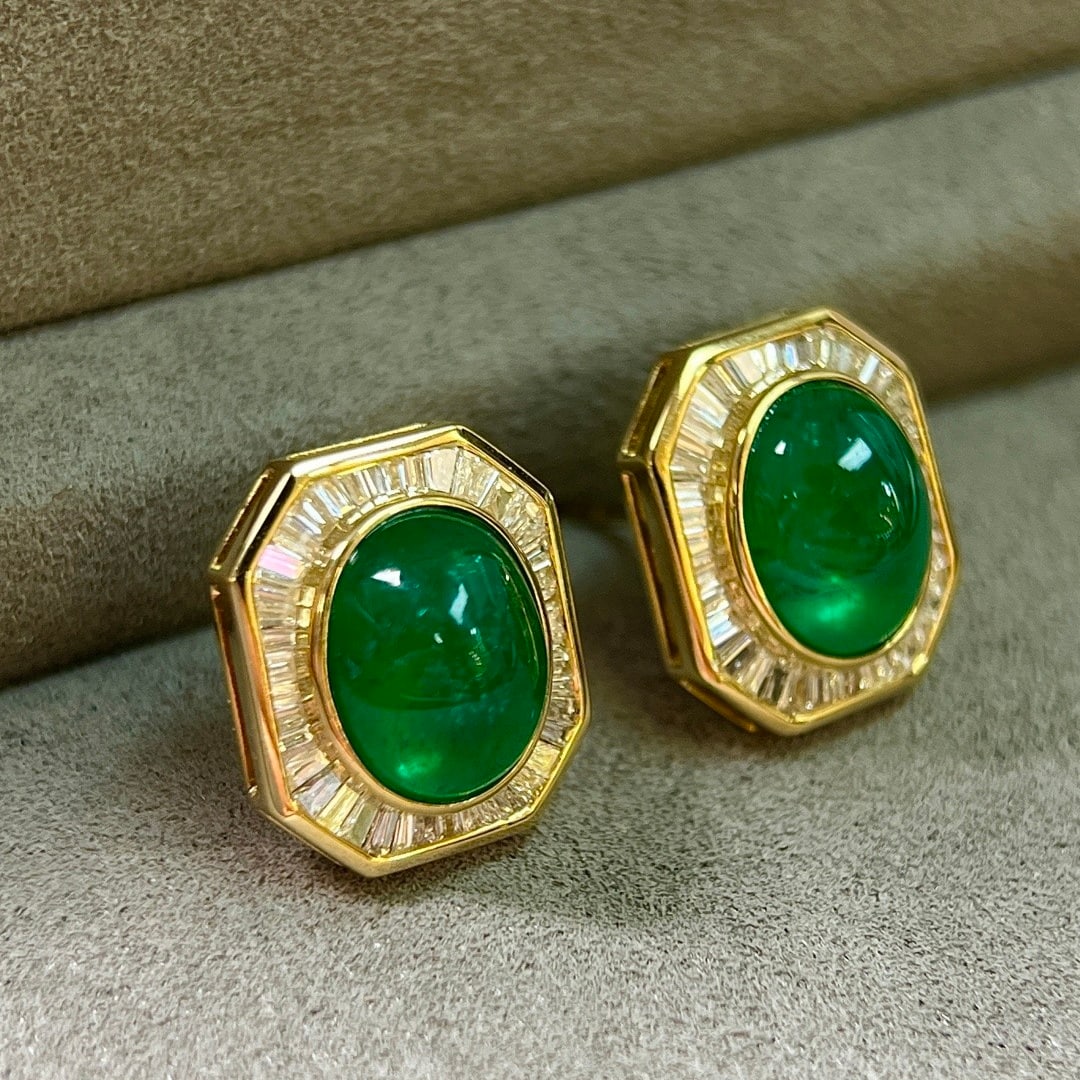 14k Gold 4.69 Ctw Vivid Green Natural Emerald & Diamond Earrings - 2