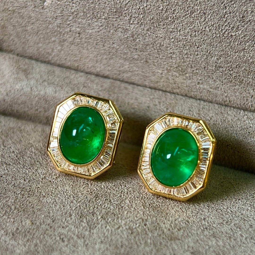 14k Gold 4.69 Ctw Vivid Green Natural Emerald & Diamond Earrings - 5