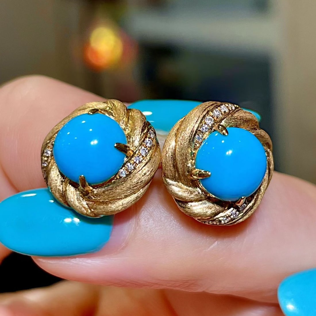 14k Gold 3.60 Ctw Natural Blue Turquoise & Diamond Earrings