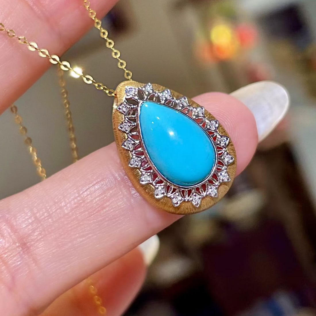 14k Gold 2.98 Ctw Natural Blue Turquoise & Diamond Pendant( Without Chain ) - 2