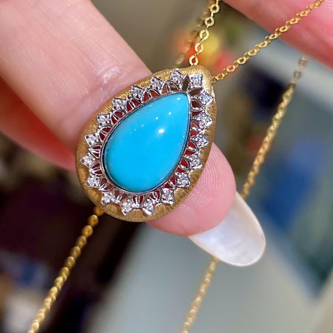 14k Gold 2.98 Ctw Natural Blue Turquoise & Diamond Pendant( Without Chain ) - 3