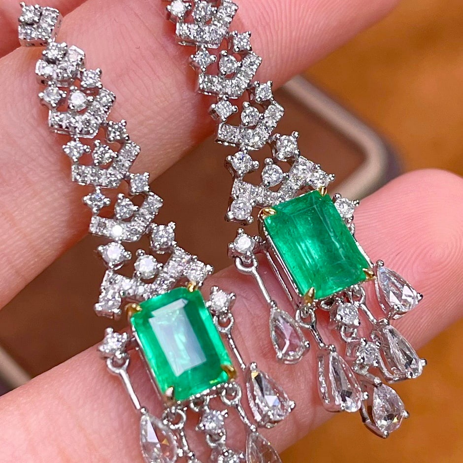 14k Gold 2.9 Ctw Vivid Green Natural Emerald & Diamond Earrings - 2