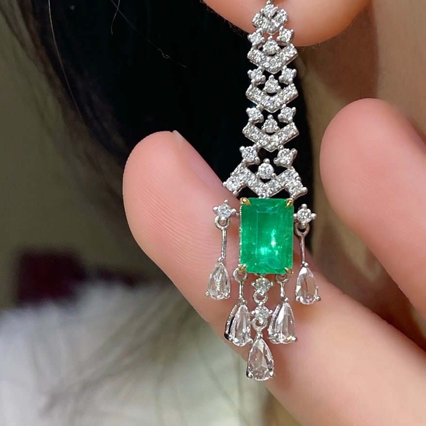 14k Gold 2.9 Ctw Vivid Green Natural Emerald & Diamond Earrings - 6