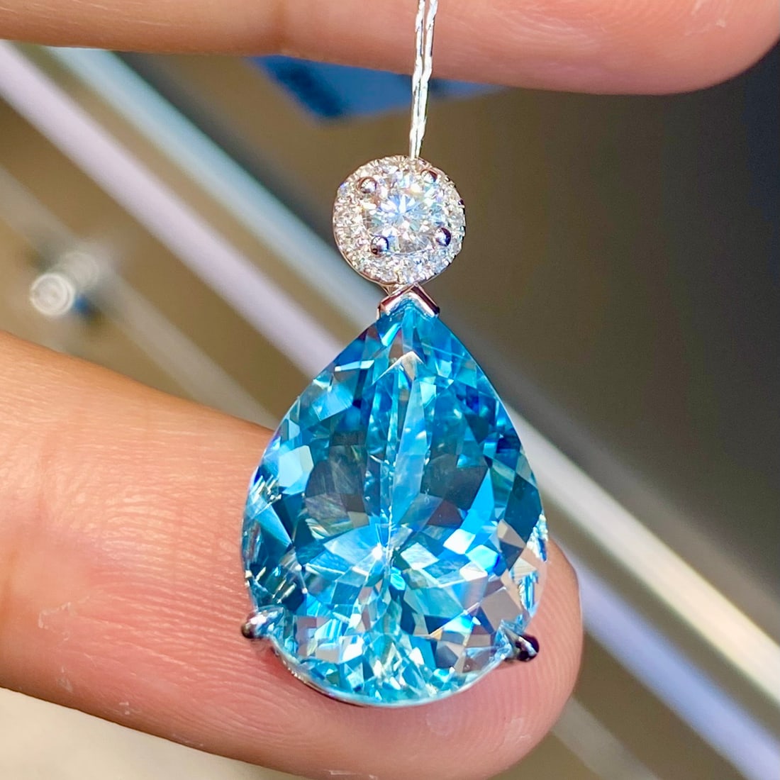 14k Gold 7.82 Ctw Natural Aquamarine & Diamond Pendant( Without Chain ) - 2