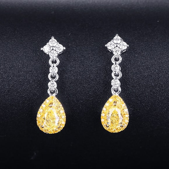 14k Gold 0.72 Ctw Natural Yellow Diamond & Diamond Earrings: Ref:231099008 // gold content:14k gold // main gemstone:yellow diamond // shape:pear // carat weight:0. 45ct // color:yellow // treatment:natural // // adjacent gemstone 2 : diamond // shape:round //