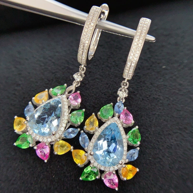 14k Gold 5.3 Ct Natural Aquamarine & Diamond Earrings - 2