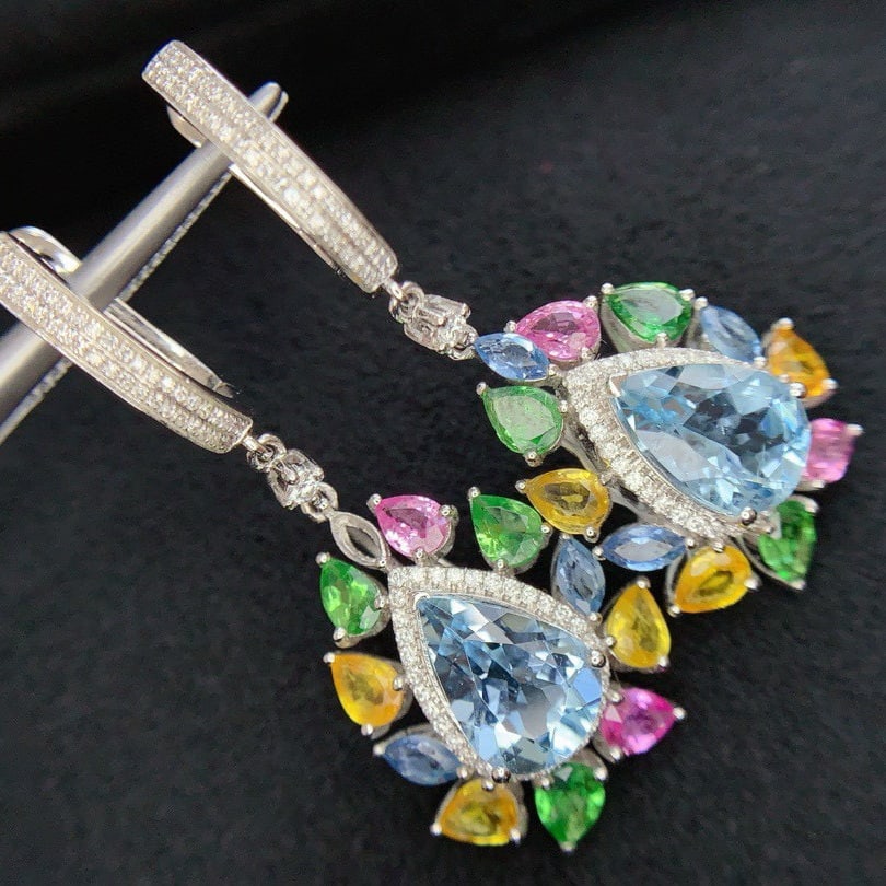 14k Gold 5.3 Ct Natural Aquamarine & Diamond Earrings - 3