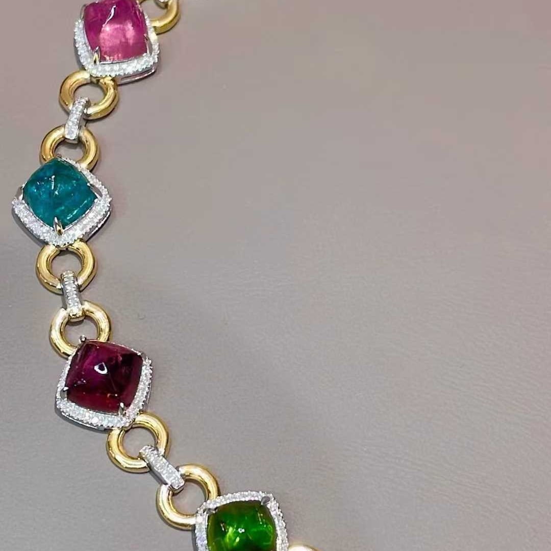 14k Gold 15 Ct Natural Tourmaline & Diamond Bracelet - 2