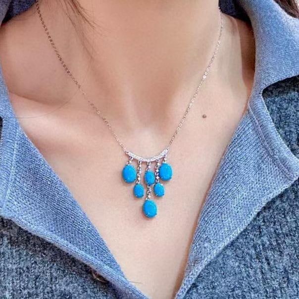 14k Gold 7.73 Ctw Natural Blue Turquoise & Diamond Necklace - 4