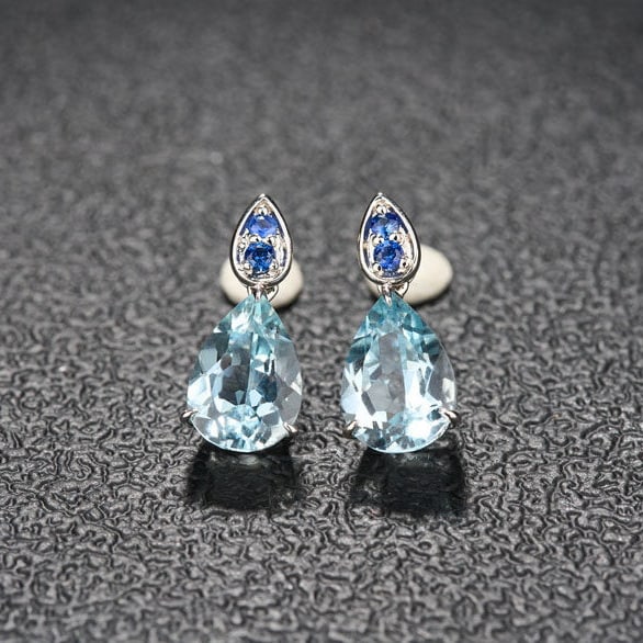 14k Gold 3.68 Ct Natural Aquamarine & Sapphire Earrings - 2