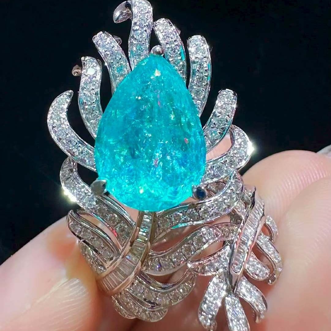 14k Gold 6.43 Ctw Natural Paraiba Tourmaline & Diamond Ring - 2