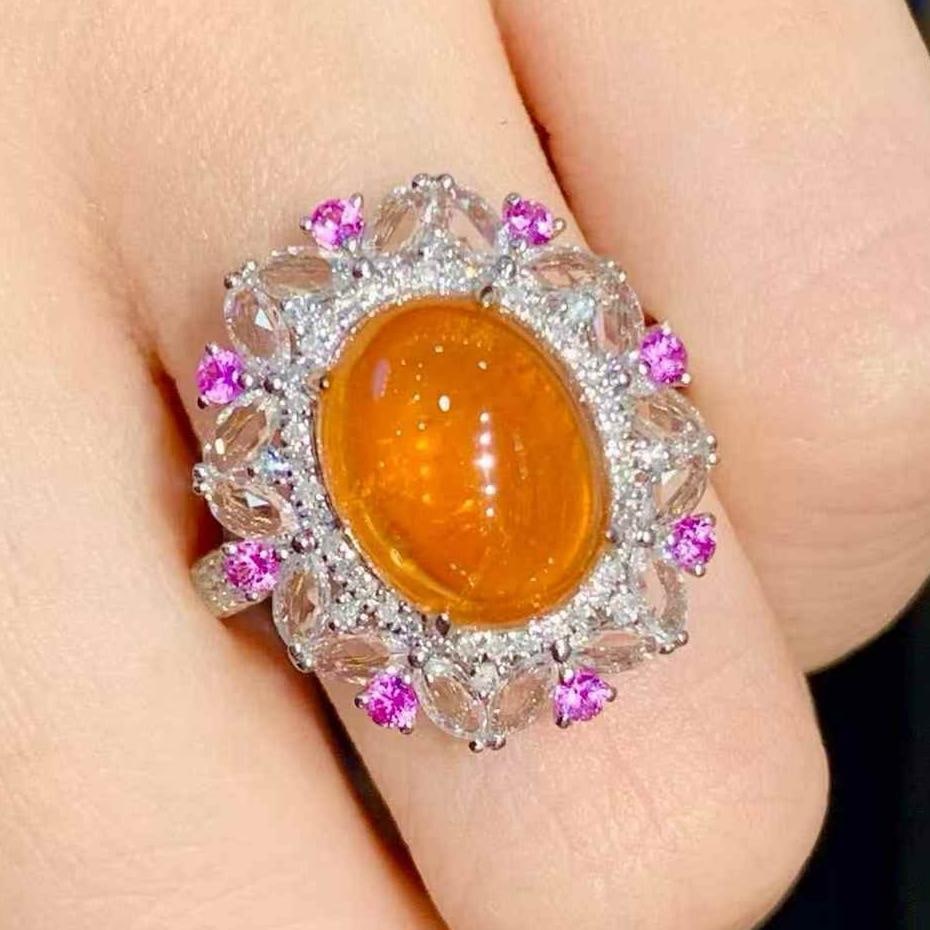 14k Gold 6.35 Ct Natural Spessartine & Diamond & Sapphire Ring: Ref:231099088 // gold content:14k gold // ring size:7. 25us // // main gemstone:spessartine // shape:oval // carat weight:6. 35ct // color:orange // treatment:natural // // adjacent gemstone 2 : diamo