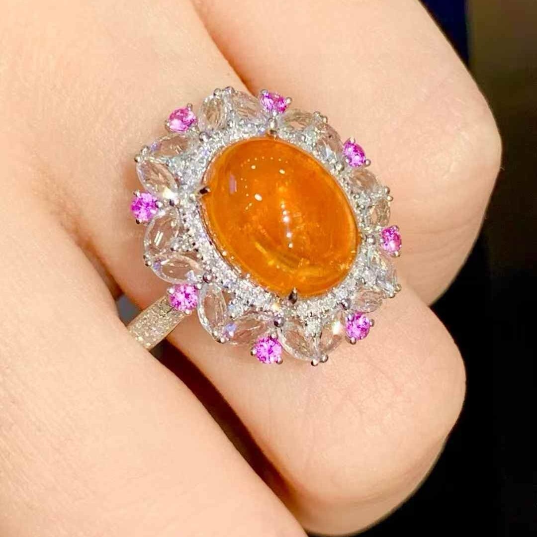 14k Gold 6.35 Ct Natural Spessartine & Diamond & Sapphire Ring - 2