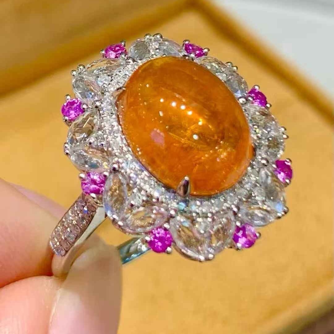 14k Gold 6.35 Ct Natural Spessartine & Diamond & Sapphire Ring - 4