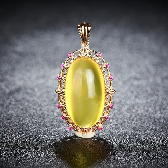 14k Gold 26.19 Ct Natural Prehnite & Ruby Pendant( Without Chain ): Ref:231099095 // gold content:14k gold // main gemstone:prehnite // shape:oval // carat weight:26. 19ct // color:yellow // treatment:natural // // adjacent gemstone 2 : ruby // number of stones:12 //