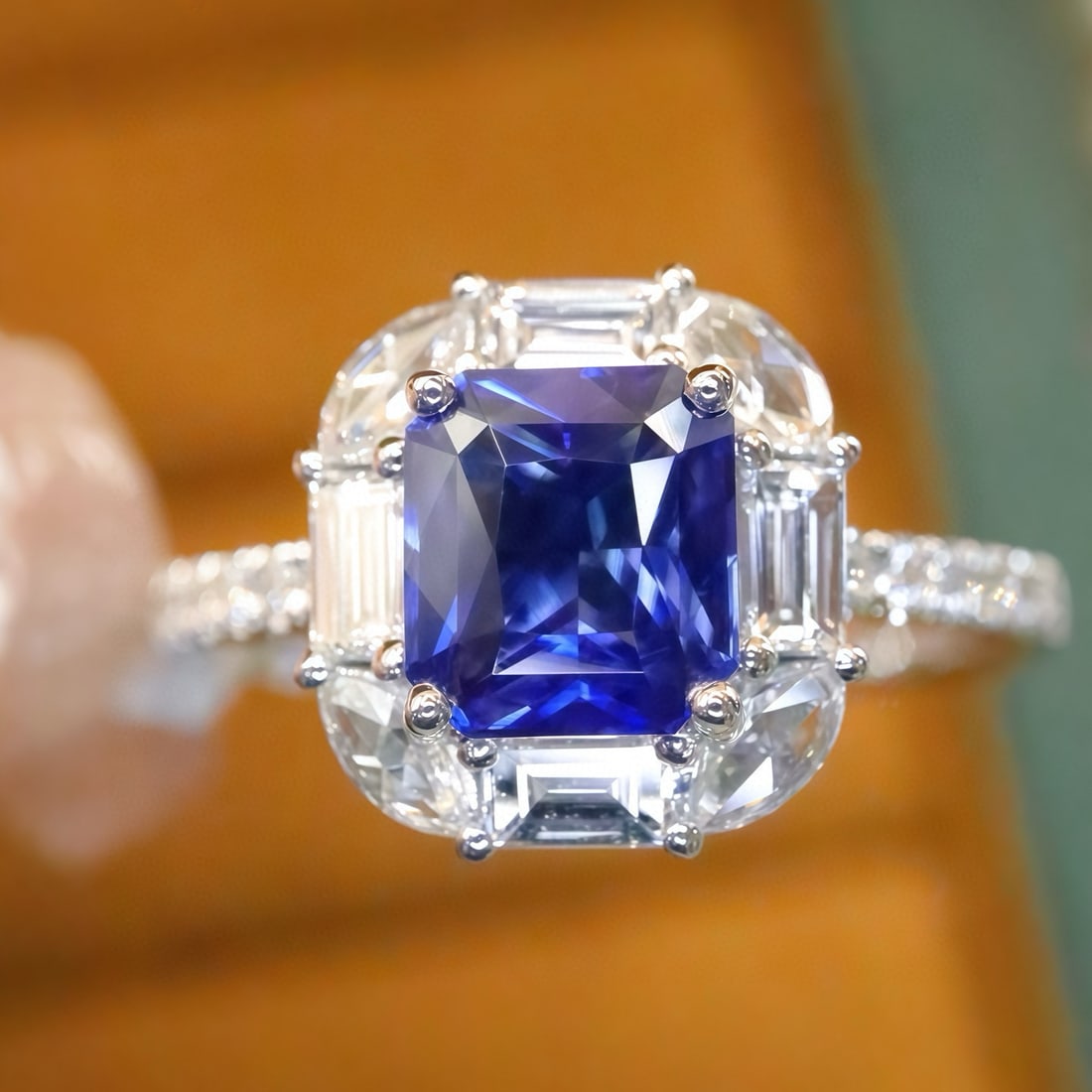 14k Gold 1.48 Ctw Natural Sapphire & Diamond Ring: Ref:231099104 // gold content:14k gold // ring size:7. 25us // // main gemstone:sapphire // shape:octagonal // carat weight:1. 02ct // color:royal blue // treatment:natural // // adjacent gemstone 2