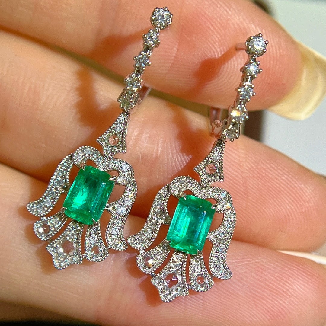 14k Gold 1.50 Ctw Vivid Green Natural Emerald & Diamond Earrings - 2