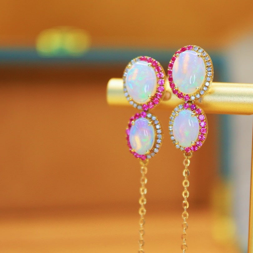 14k Gold 2.50 Ctw Natural Opal & Diamond Earrings - 2