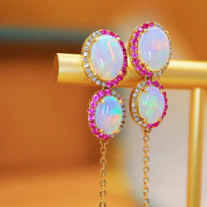 14k Gold 2.50 Ctw Natural Opal & Diamond Earrings - 3