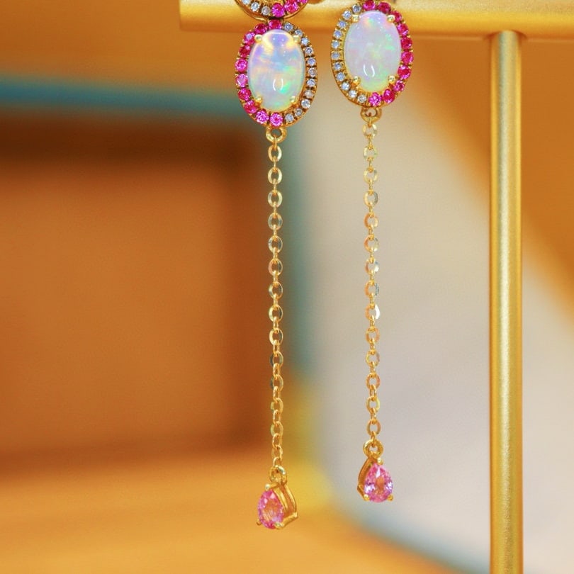 14k Gold 2.50 Ctw Natural Opal & Diamond Earrings - 4