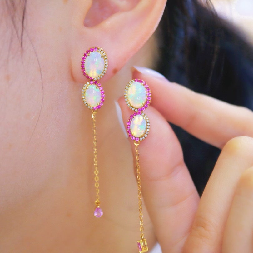 14k Gold 2.50 Ctw Natural Opal & Diamond Earrings - 6