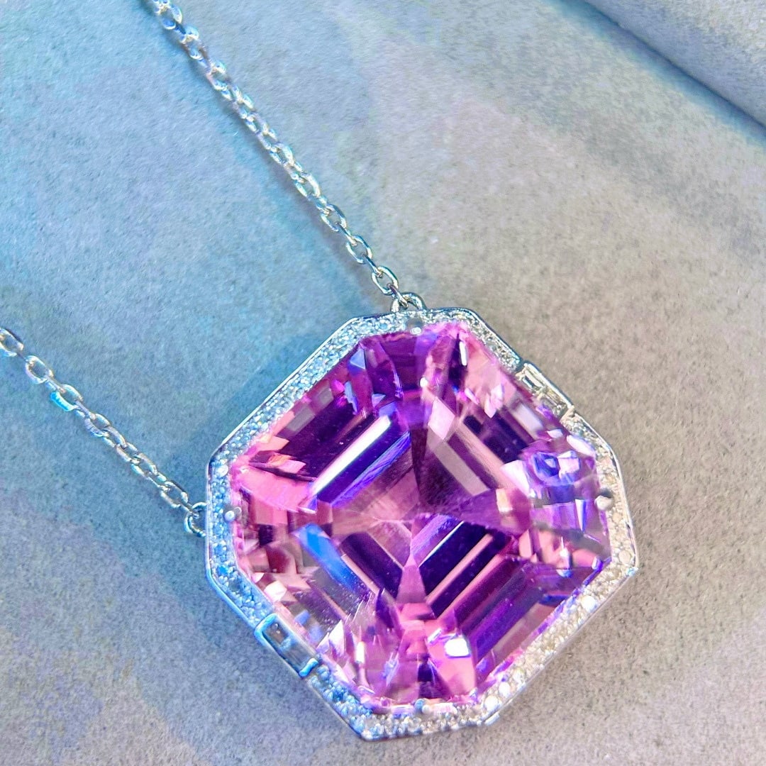 14k Gold 35.31 Ctw Natural Kunzite & Diamond Necklace - 2