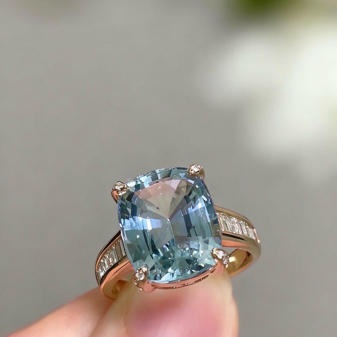 14k Gold 4.60 Ct Natural Aquamarine & Diamond Ring: Ref:231099131 // gold content:14k gold // ring size:7. 25us // // main gemstone:aquamarine // shape:cushion // carat weight:4. 60ct // color:santa maria color // treatment:natural // // adjacent