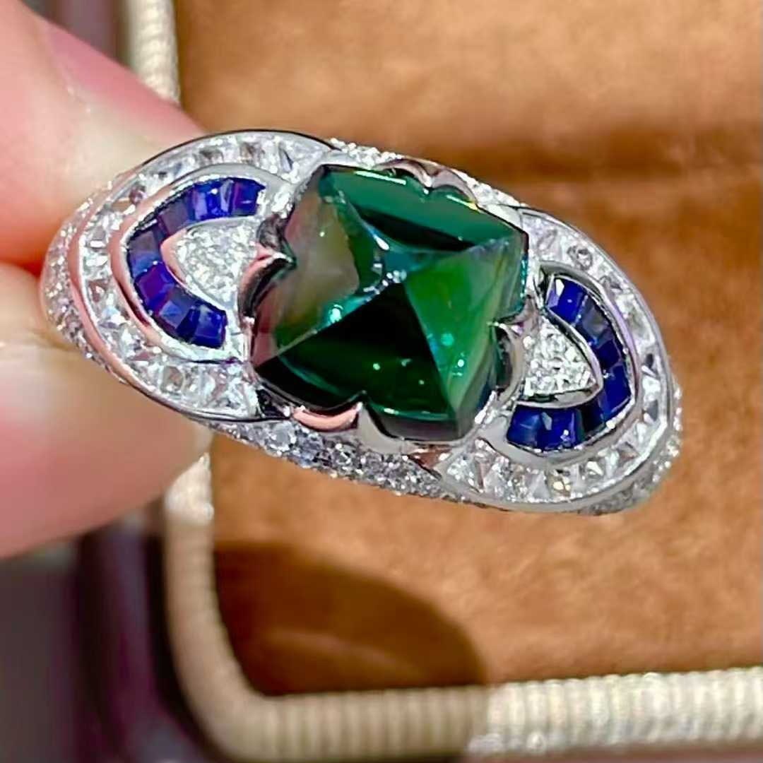 14k Gold 2.43 Ct Natural Tourmaline & Diamond & Sapphire Ring - 4